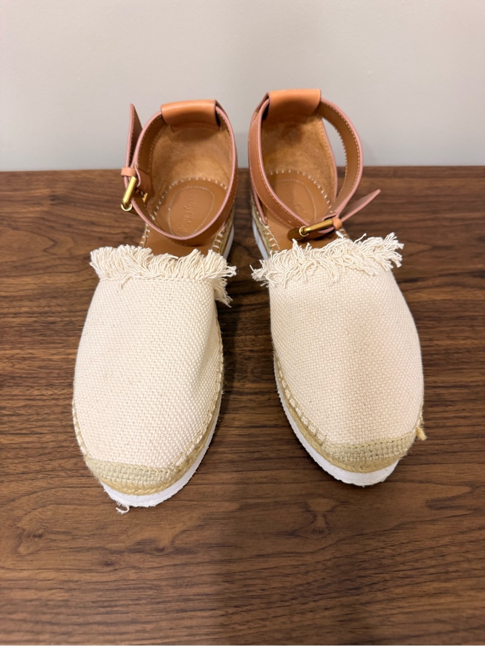 See By Chloé Cream Woven Fringe Espadrille Sandals with Tan Ankle Straps